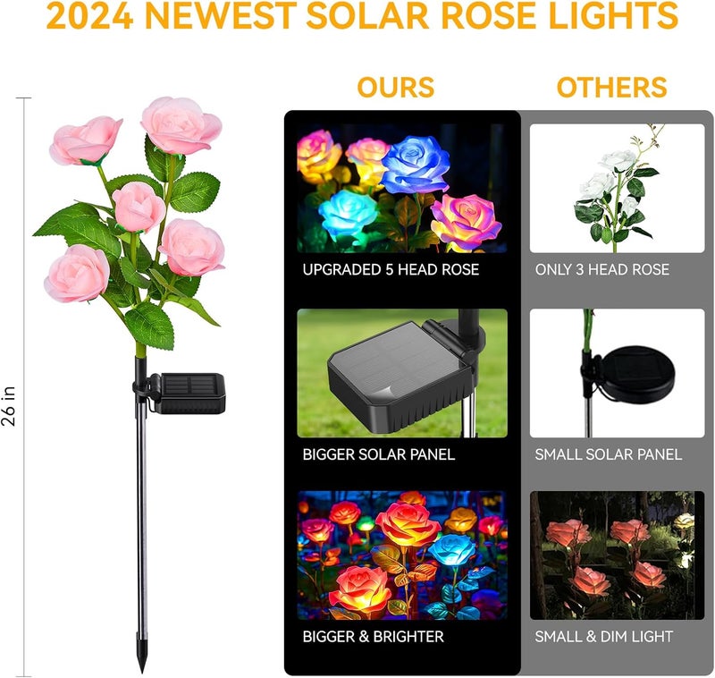 WdtPro Solar Garden Lights Outdoor, 4 Pack Solar Light Outdoor with 20 Rose Flowers, Waterproof 7 Color Changing Solar Powered Flowers Lights for Outside Patio Yard Pathway - Image 4